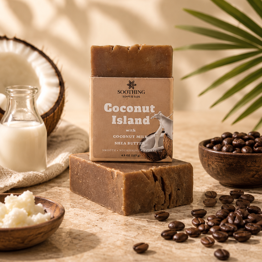 Coconut Island soap bar with coconut, coffee beans, and milk on a wooden surface.