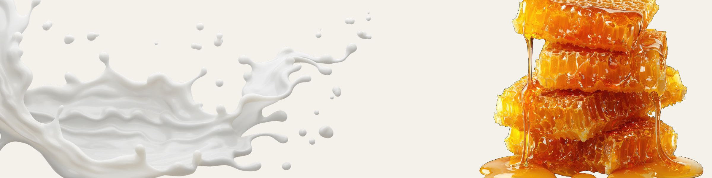 Stack of honeycomb with a splash of milk on a white background
