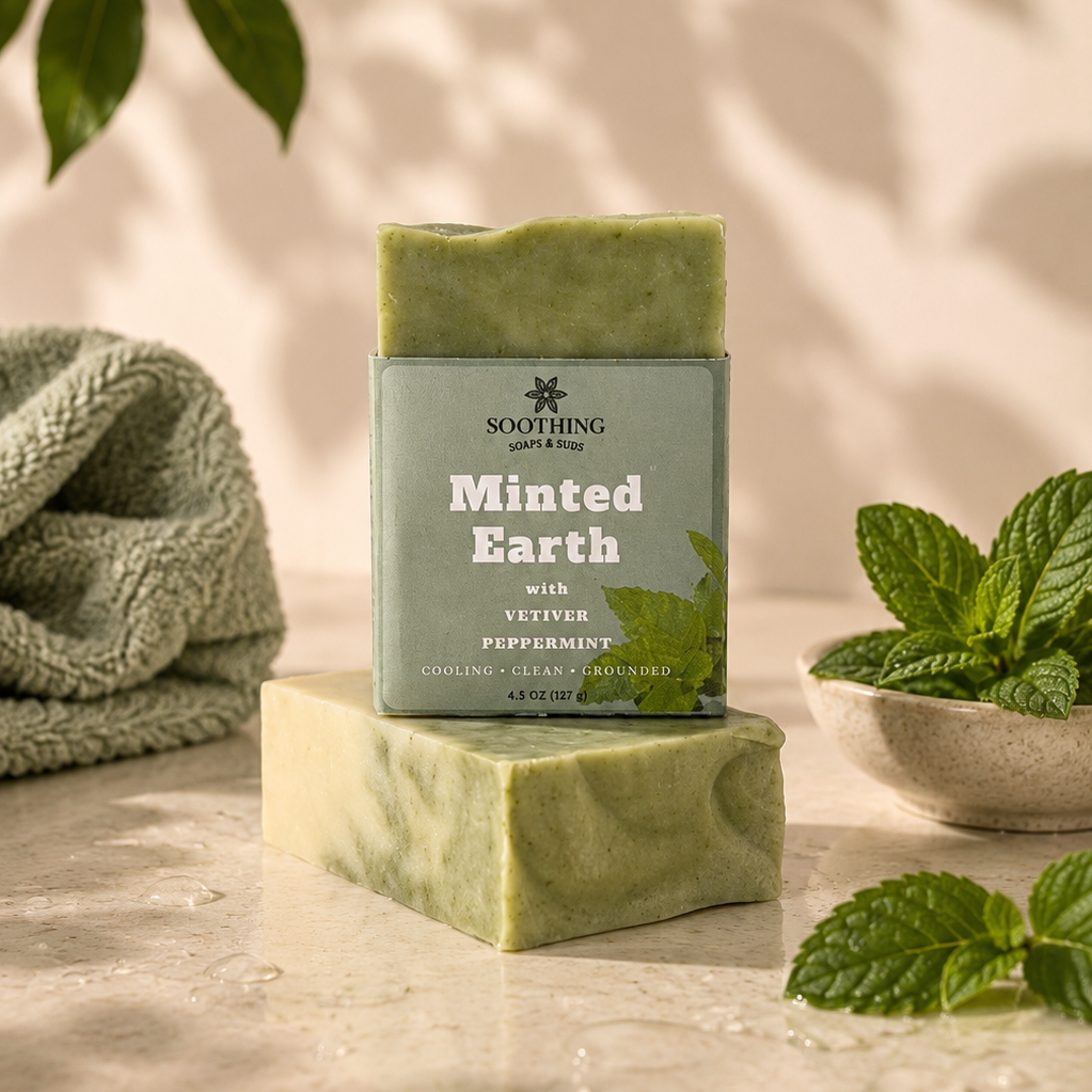 Green soap bar with packaging labeled 'Minted Earth' on a neutral background with leaves.