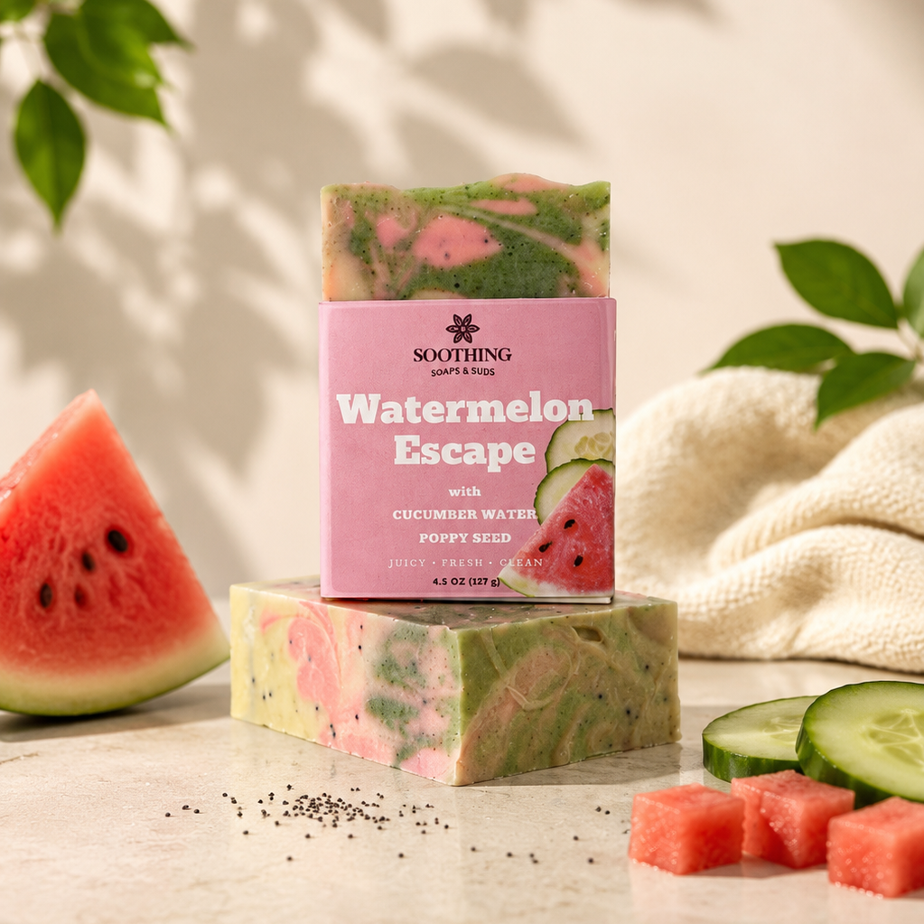 Watermelon-themed soap with packaging on a light surface with watermelon and cucumber slices.